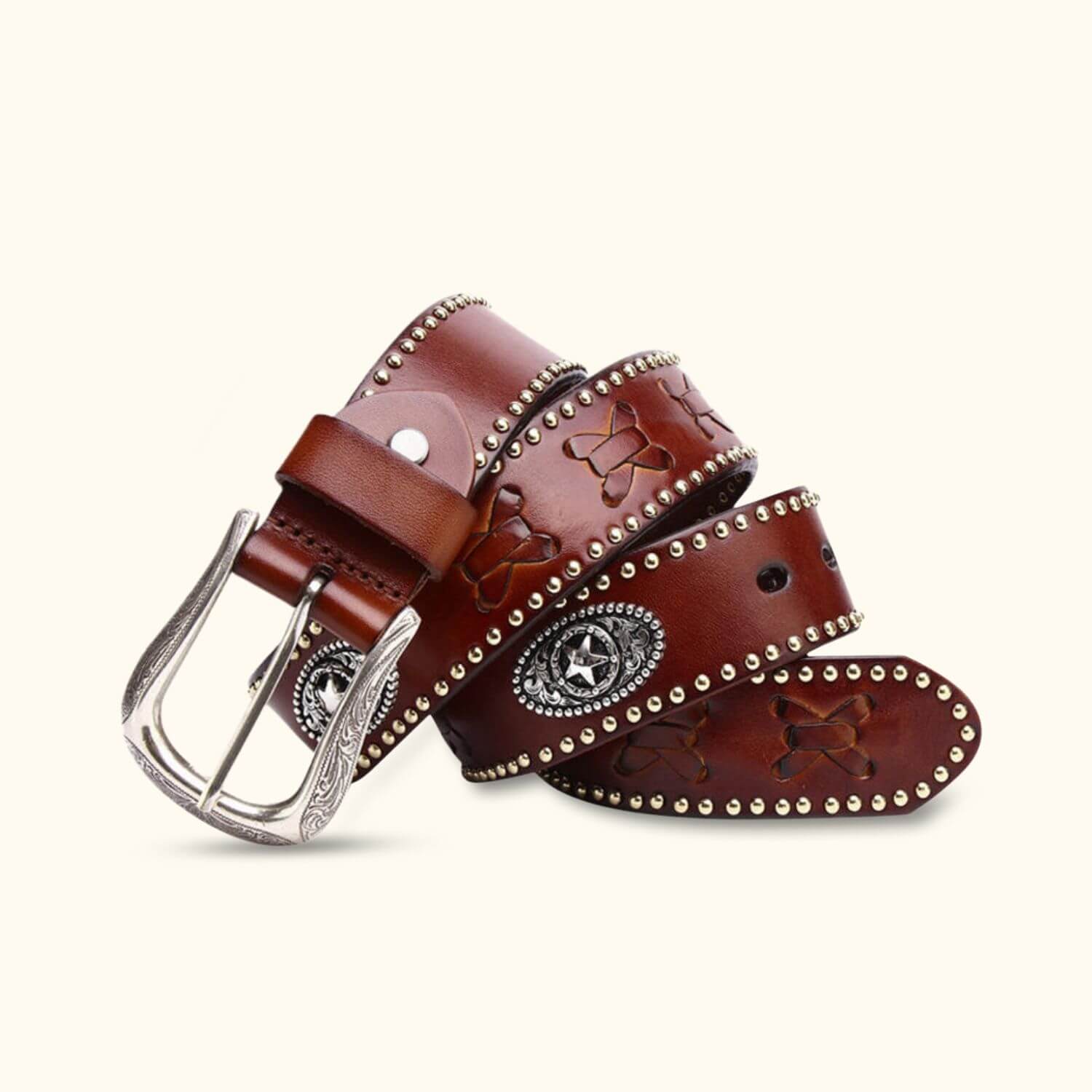 Wide Brown Studded Leather Belt Western Buckle Size L Studded Western Belt - Brown | Levi main image 2
