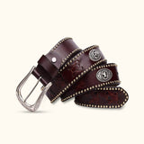 The Broken Banjo - Coffee Studded Leather Belt - Western Style Belt with Studded Details
