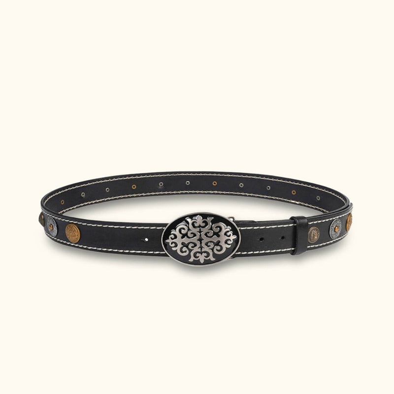 The Buckle Up - Black Unisex Western Leather Rivet Buckle Belt - Stylish Leather Belt with Rivet Buckle for a Western Vibe
