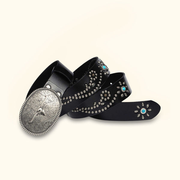 The Bull Buckle - Black Turquoise Inlaid Western Belt - Stylish Men's Black Leather Belt with Bull-Inspired Design and Turquoise Inlays