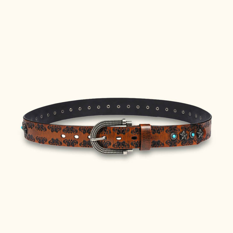The Rancher's Pride - Brown Turquoise Inlay Cowboy Belt for Men - Classic Western Belt with Brown Shade and Turquoise Accents