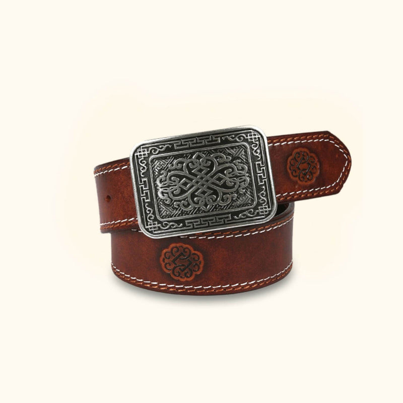 The Stitch Up - Brown Double Needle Stitch Leather Western Belt - Classic Leather Belt for Men with Intricate Stitch Detailing