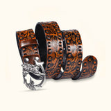 The Tiger Buckle - Camel Knurling Flower Western Belt - Classic Western Belt With Knurling Flower Design