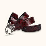 The Tiger Buckle - Dark Red Knurling Flower Western Belt - Stylish Western Belt with Dark Red Knurling Flower Design