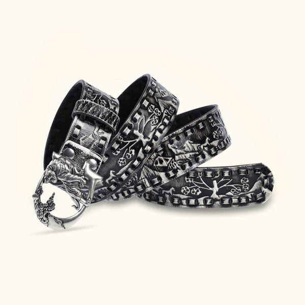 The Tiger Buckle - Gray Knurling Flower Western Belt - Stylish Western Belt with Knurling Flower Design