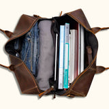 Style and functionality: leather duffel bag.