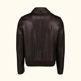 Back view of a brown leather jacket.