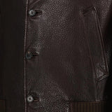Close-up view of the buttons and texture of a brown leather jacket.