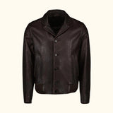 Front view of a brown leather jacket.