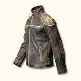 The Outlaw Rider - Distressed Leather Motorcycle Jacket, angled view showcasing its rugged, weathered leather design with reinforced shoulder and elbow patches, zippered chest and waist pockets, and a high collar with a snap button closure.