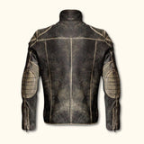 The Outlaw Rider - Distressed Leather Motorcycle Jacket, back view showcasing its rugged, weathered leather design with reinforced shoulder and elbow patches, detailed stitching, and a high collar.