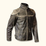 The Outlaw Rider - Distressed Leather Motorcycle Jacket, side view highlighting its rugged, weathered leather design with reinforced shoulder patches, zippered chest and waist pockets, and a high collar with a snap button closure.