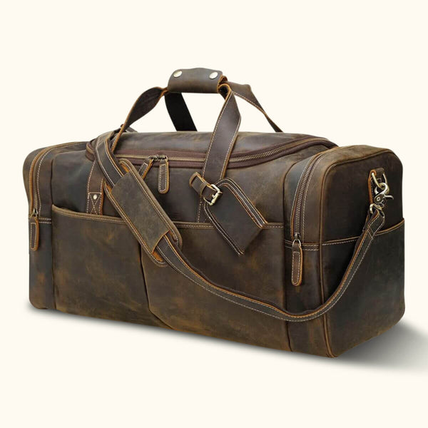 Vintage leather men's duffle bag, a classic travel accessory with timeless appeal.