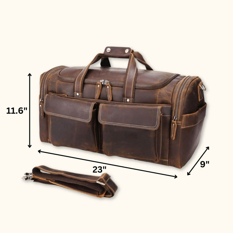 Experience convenience and style with a 23-inch leather duffle bag, your reliable travel companion for any adventure.