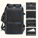 The Stetson Peak - Expandable Men's Leather Backpack in black, back view highlighting features like reinforced rivets, pearl cotton padding, luggage strap, and anti-theft pocket for enhanced security and comfort.