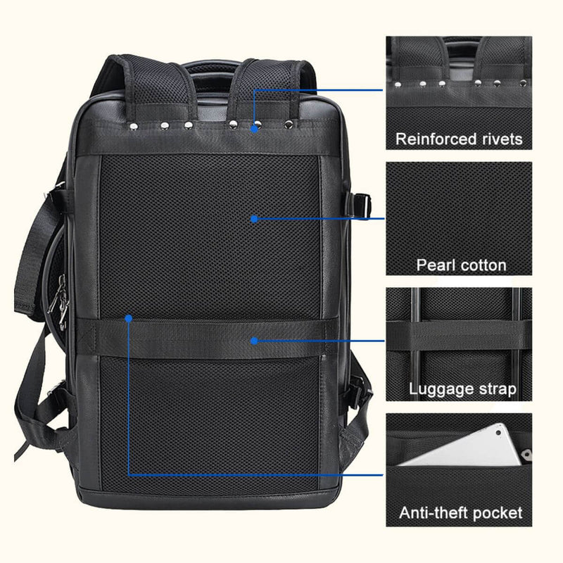 The Stetson Peak - Expandable Men's Leather Backpack in black, back view highlighting features like reinforced rivets, pearl cotton padding, luggage strap, and anti-theft pocket for enhanced security and comfort.