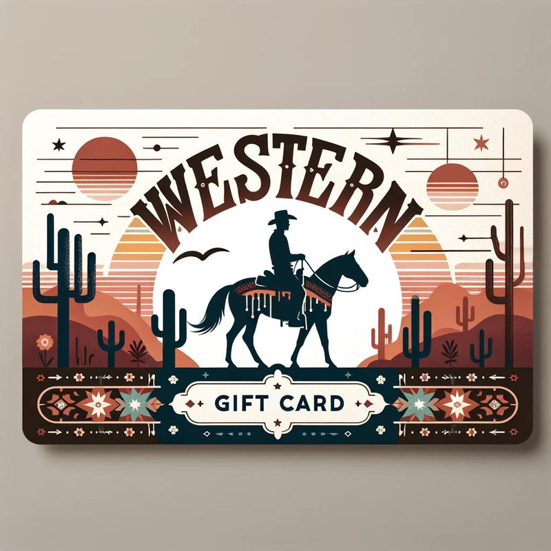 An image of a Western-inspired gift card featuring rustic designs, cowboy motifs, and a decorative border.