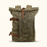 Army Green Waxed Canvas Motorcycle Backpack - Conquer the road with style and functionality, this rugged backpack is designed for the adventurous motorcyclist.