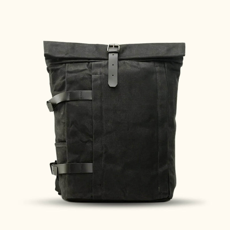 Black Waxed Canvas Motorcycle Backpack - Rule the roads with this sleek and durable backpack, crafted to complement your motorcycle adventures in style.