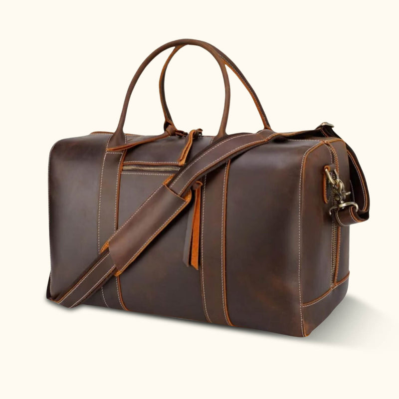 Classic elegance: brown leather travel duffel.