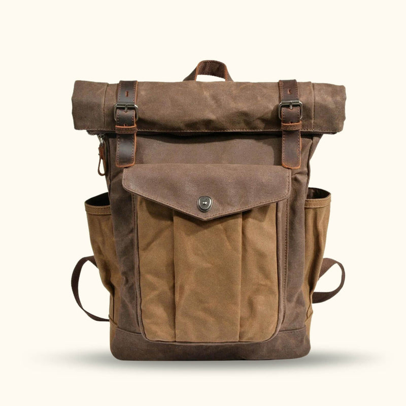 Coffee Waxed Canvas Roll-Top Backpack - Embrace a blend of elegance and practicality with this coffee-toned backpack, featuring a roll-top design and weather-resistant waxed canvas for your daily journeys.