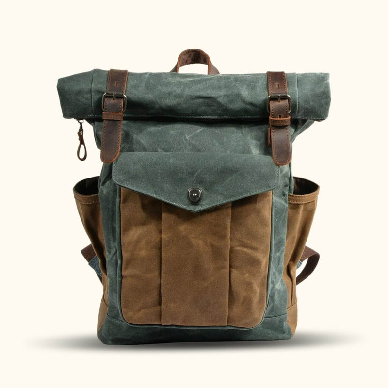 Emerald Waxed Canvas Roll-Top Backpack - Elevate your style and functionality with this stunning backpack, featuring a roll-top design and weather-resistant waxed canvas for your everyday adventures.