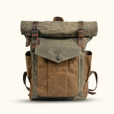 Green Army Waxed Canvas Roll-Top Backpack - Conquer the outdoors with this rugged and stylish backpack, featuring a roll-top design and weather-resistant waxed canvas, perfect for your adventurous escapades.