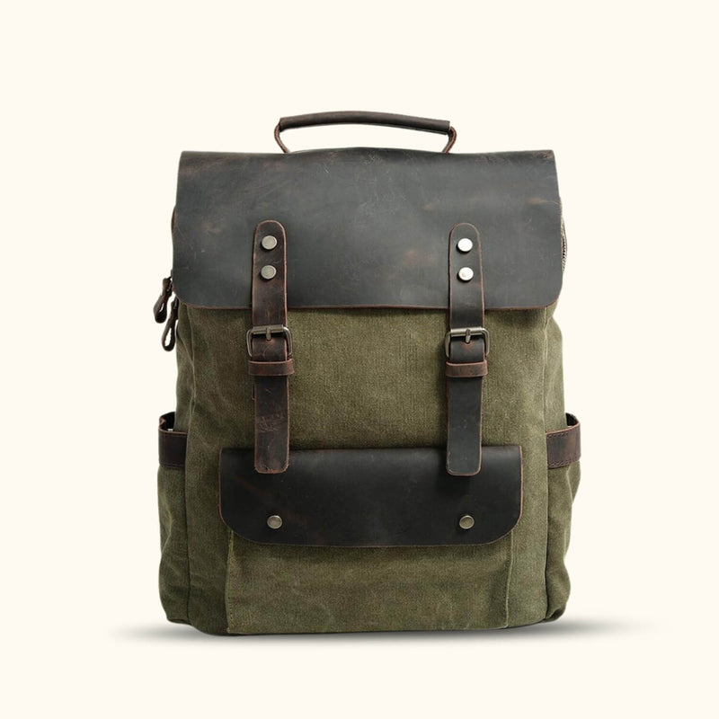 Green Canvas Laptop Backpack - Experience a touch of nature with this refreshing green canvas backpack, providing style and practicality for carrying your laptop and essentials.