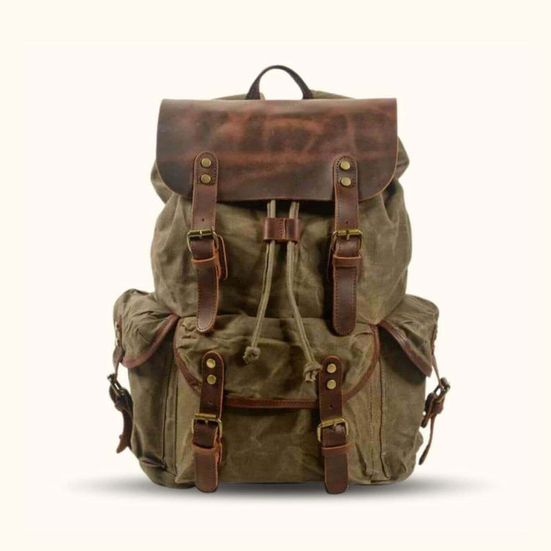 Army Green Waxed Canvas Leather Backpack - Adventure in style with this durable and versatile backpack made from high-quality waxed canvas and leather.