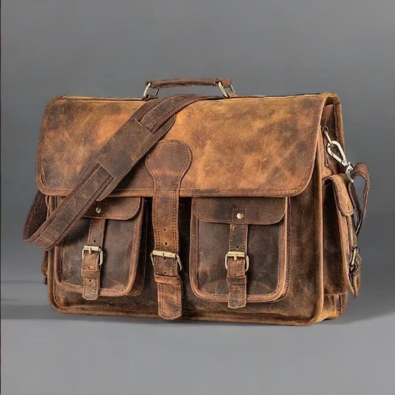 Vintage-style, full-grain leather satchel: rugged, yet sophisticated, perfect for modern adventures with a nod to the Old West.