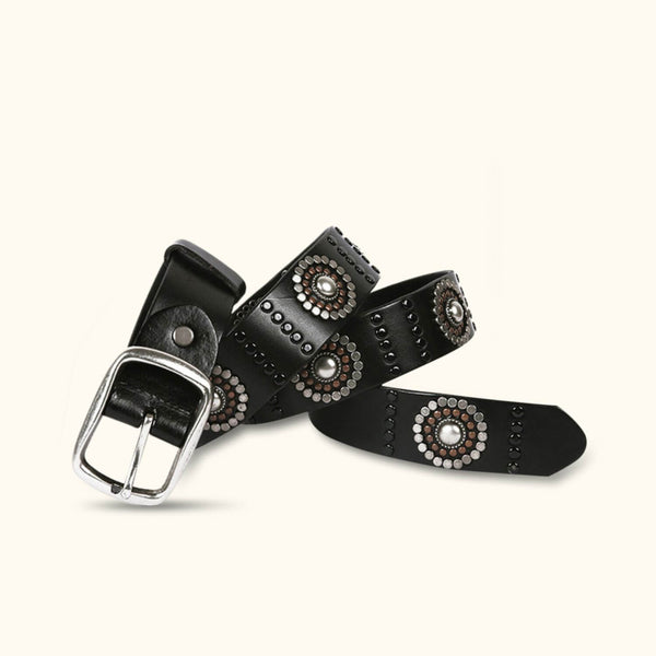 The Brass Sunflower - Black Western Leather Belt - Stylish Belt with Sunflower-Inspired Design and Genuine Leather