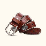 The Broken Banjo - Brown Studded Leather Belt - Classic Western Style Belt with Studded Details
