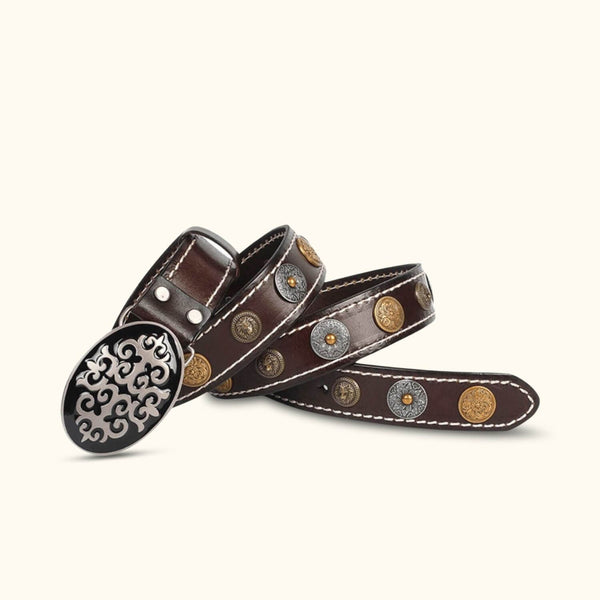 The Buckle Up - Brown Unisex Western Leather Rivet Buckle Belt - Classic Leather Belt with Rivet Buckle for a Western Look