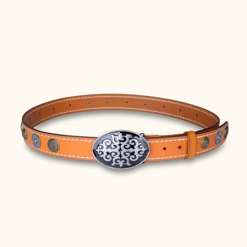 The Buckle Up - Light Brown Unisex Western Leather Rivet Buckle Belt - Stylish Leather Belt with Rivet Buckle for a Western Vibe
