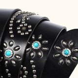 The Bull Buckle - Black Turquoise Inlaid Western Belt - Stylish Men's Black Leather Belt -Inspired Design and Turquoise Inlays
