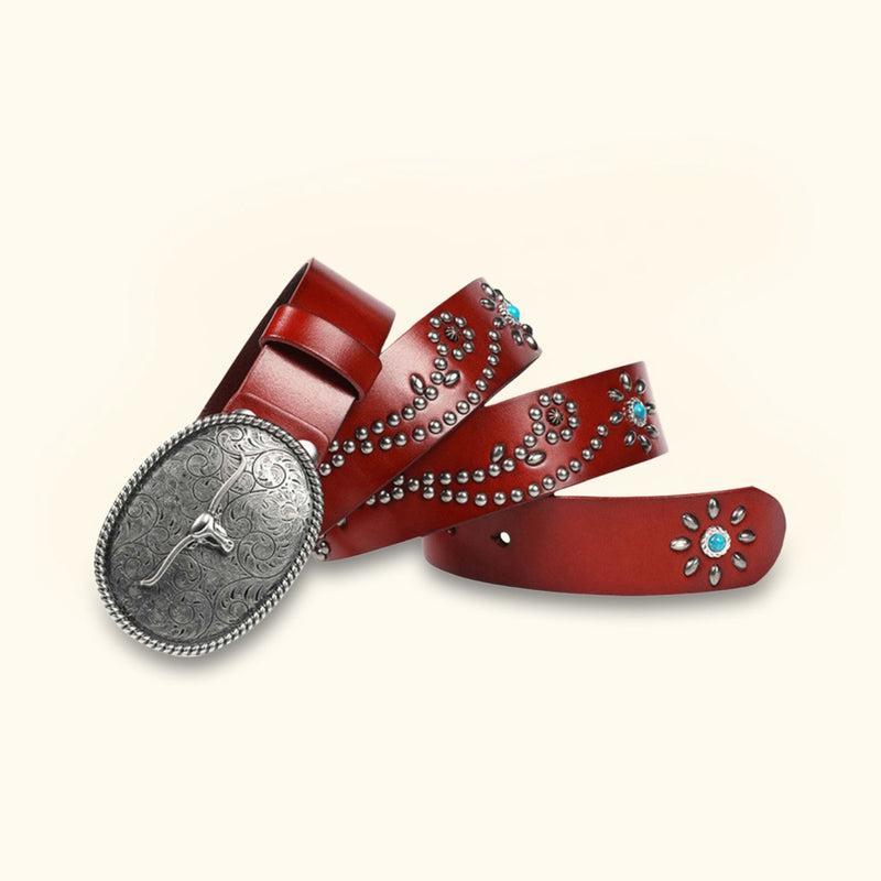 The Bull Buckle - Brown Leather Western Belt for Men - Classic Men's Brown Leather Belt with Bull-Inspired Design and Turquoise Inlays