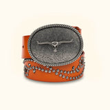 The Raging Bull - Men's Leather Western Belt - Stylish Leather Belt with Raging Bull-Inspired Design and Turquoise Inlays