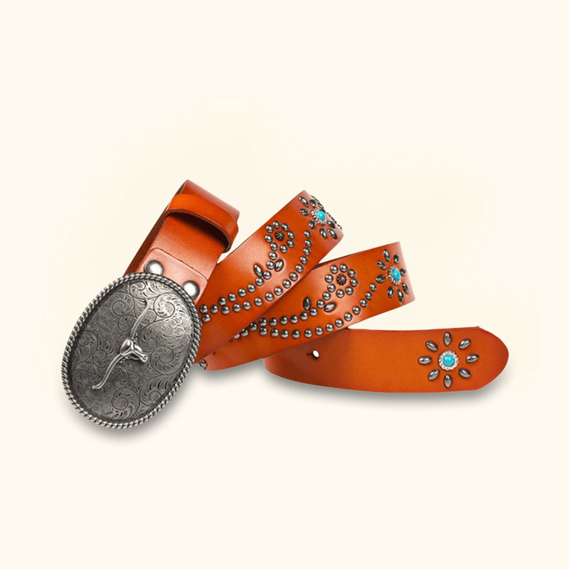 The Bull Buckle - Light Brown Leather Western Belt for Men - Stylish Men's Light Brown Leather Belt with Bull-Inspired Design and Turquoise Inlays