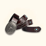 The Bull Buckle - Chocolate Brown Leather Western Belt for Men - Classic Men's Chocolate Brown Leather Belt with Bull-Inspired Design and Turquoise Inlays