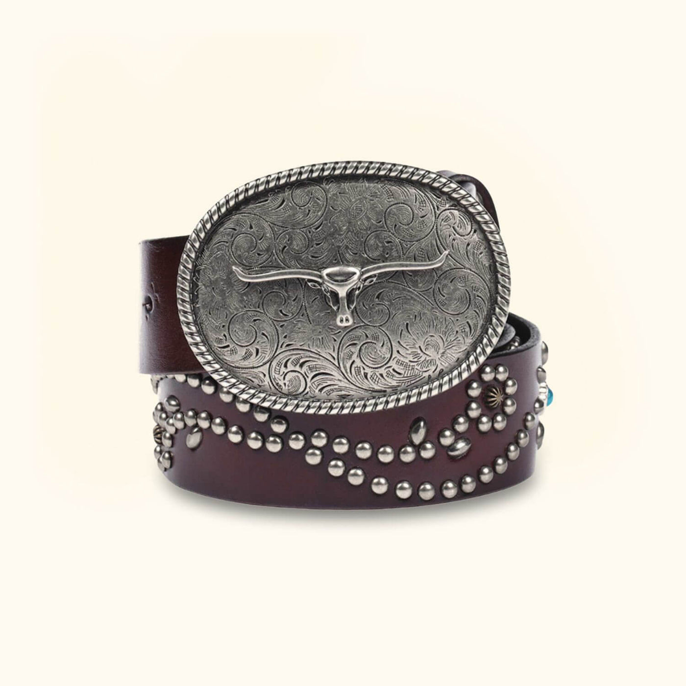 NEW ! Western vegan Silver and Brown Western Belt with Bull Head Buckle Longhorn Buckle Set - 1 1/2 main image 4