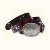 The Bull Buckle - Chocolate Brown Leather Western Belt for Men - Classic Men's Chocolate Brown Leather Belt with Bull-Inspired Design and Turquoise Inlays