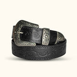 The Cicada - Black Engraved Leather Cowboy Belt for Men - Classic Cowboy Style Belt with Intricate Engravings