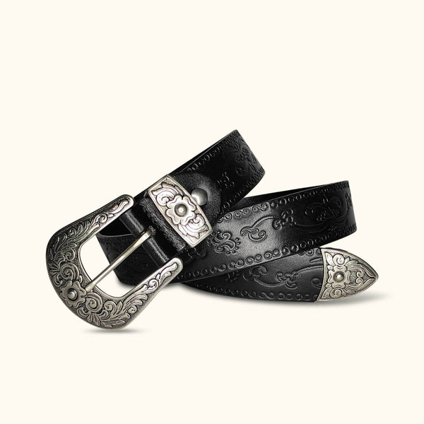 The Cicada - Engraved Leather Western Belt for Men - Classic Black Western Style Belt with Intricate Engravings