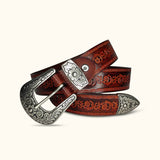 The Cicada - Brown Engraved Leather Western Belt for Men - Classic Western Style Belt with Intricate Engravings