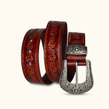 The Cicada - Brown Engraved Leather Cowboy Western Belt for Men - Classic Style Belt with Intricate Engravings