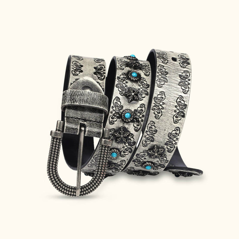 The Rancher's Pride - Gray Turquoise Inlay Belt for Men - Stylish Western Belt with Gray and Turquoise Accents