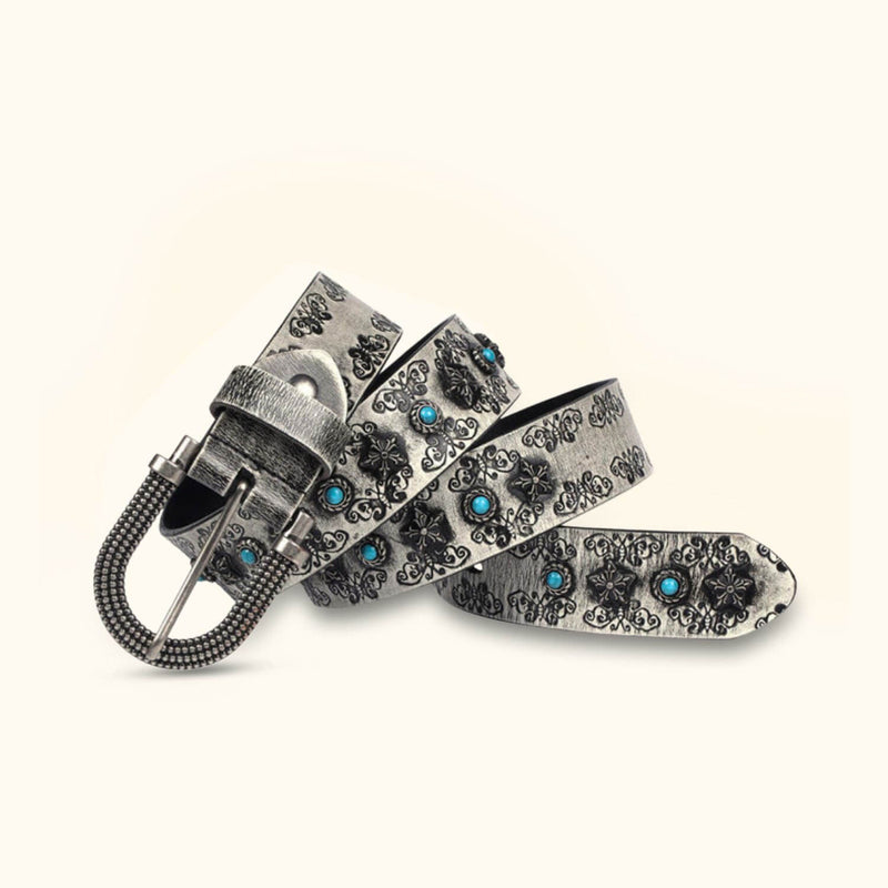The Rancher's Pride - Gray Turquoise Inlay Belt - Classic Gray Western Belt with Turquoise Inlay Detail