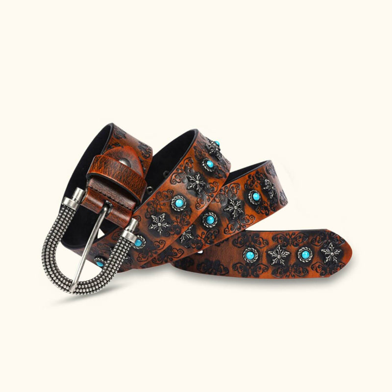 The Rancher's Pride - Light Brown Turquoise Inlay Belt - Stylish Western Belt with Light Brown Shade and Turquoise Accents