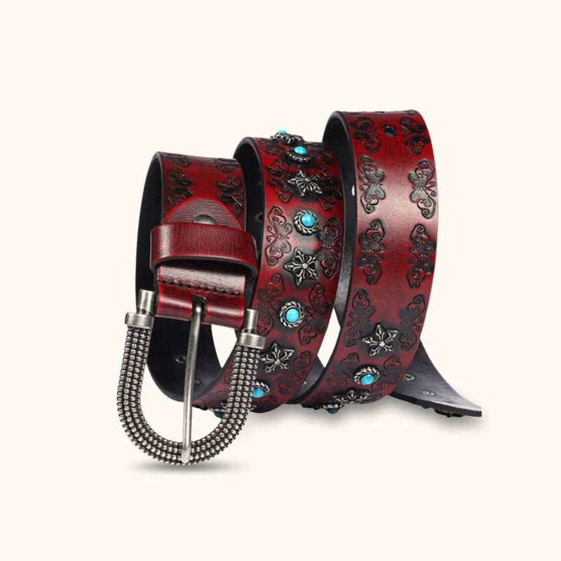The Rancher's Pride - Red Turquoise Inlay Belt for Men - Classic Western Belt with Rich Red Color and Turquoise Accents