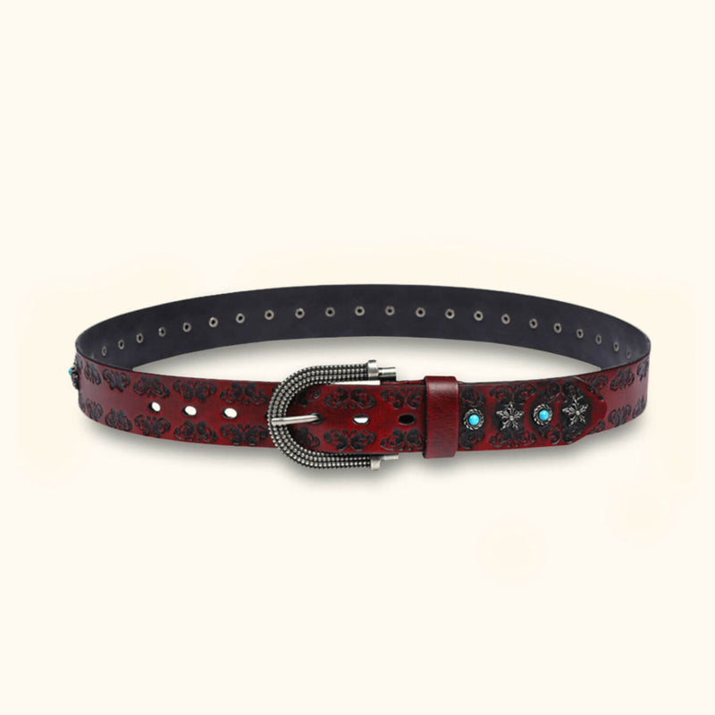 The Rancher's Pride - Turquoise Inlay Belt - Classic Western Belt with Rich Red Color and Turquoise Accents